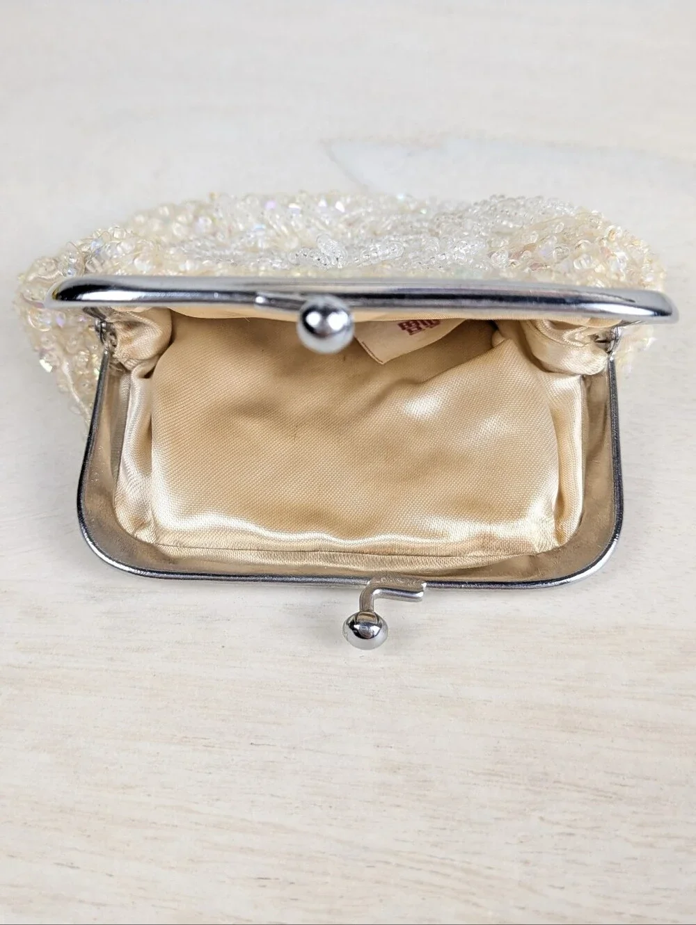 1960's Hand Beaded Coin Purse Glass Beads Sequins White Silver Closure Satin
